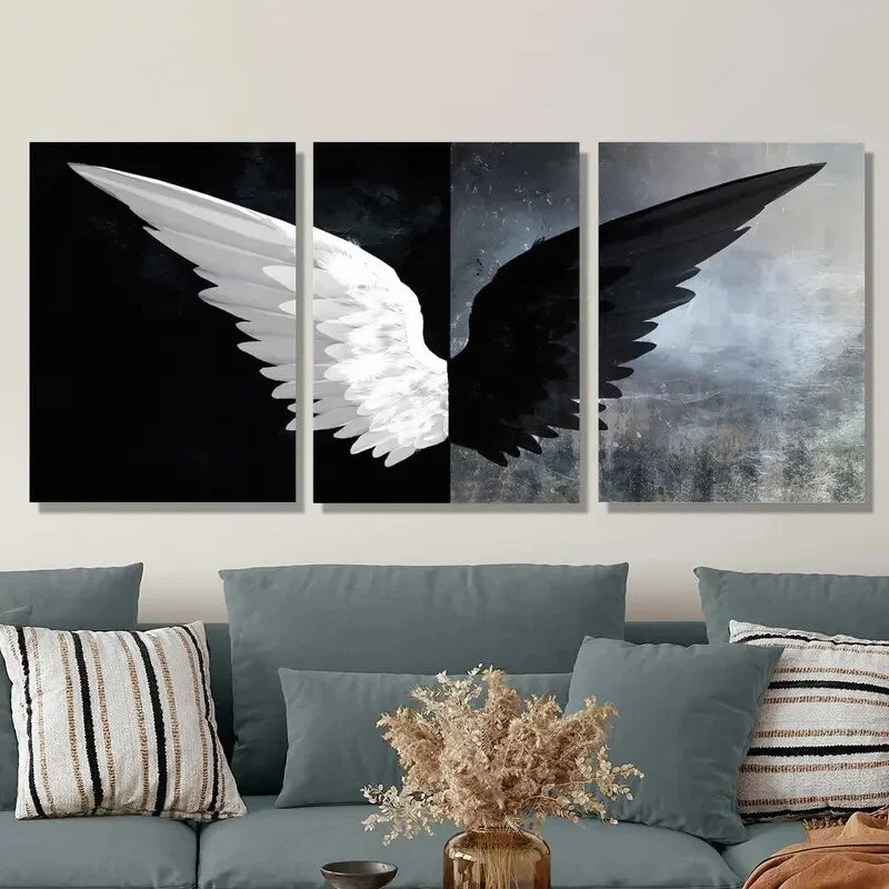 3pcs Abstract Angel Wings Black and White Metal Print Ready to Hang Art