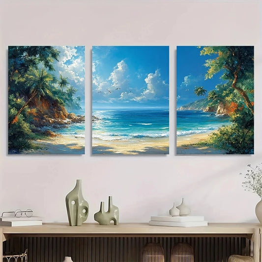 3pcs Charming Seascape Colorful Figures Birds Metal Print Ready to Hang Art