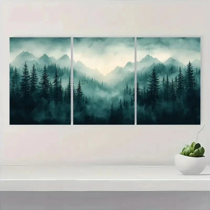 3pcs Misty Evergreen Landscape Art Metal Print Ready to Hang Art