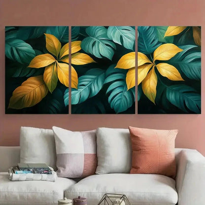 3pcs Tropical Jungle Leaf Green & Yellow Foliage Metal Print Ready to Hang Art