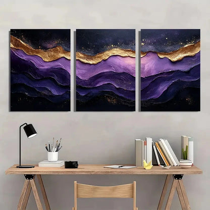 3pcs Abstract Golden Wave Black & Purple Textured Metal Print Ready to Hang Art