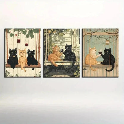 3pcs Contemporary Cat Illustrations Wall Art Canvas Unframed - High Quality Print 100% Australian Made Wall Canvas