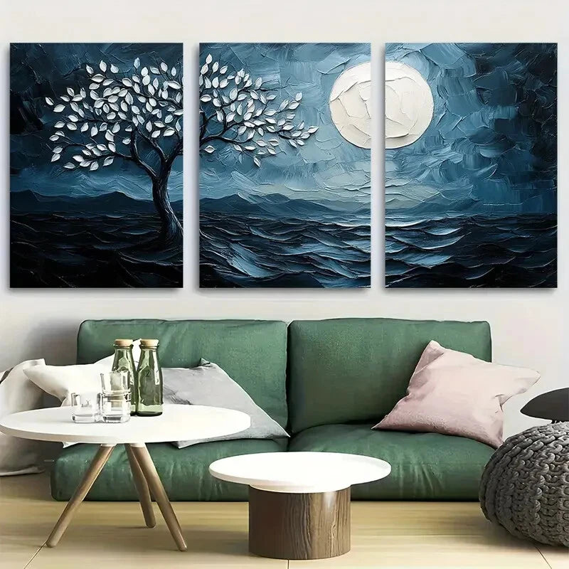 3pcs Elegant Black Tree & White Leaves Metal Print Ready to Hang Art