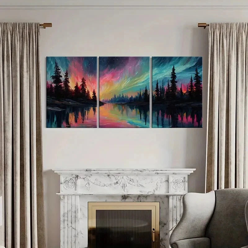 3pcs Lights Forest Reflection Vibrant Colors Metal Print Ready to Hang Art