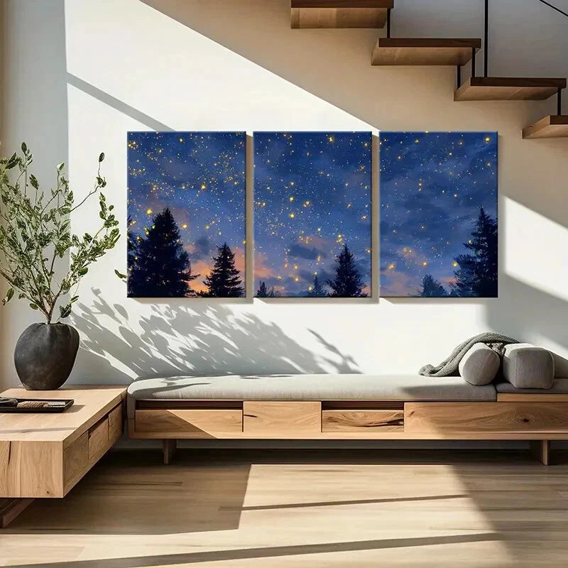 3pcs Enchanted Forest Night Sky Glittering Stars Metal Print Ready to Hang Art