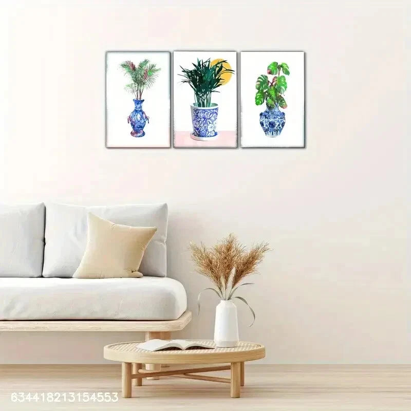3pcs Blue and White Porcelain and Plant Metal Print Ready to Hang Art