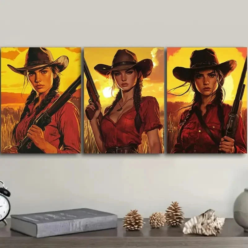 3pcs Woman in Red Shirt Western Style Metal Print Ready to Hang Art