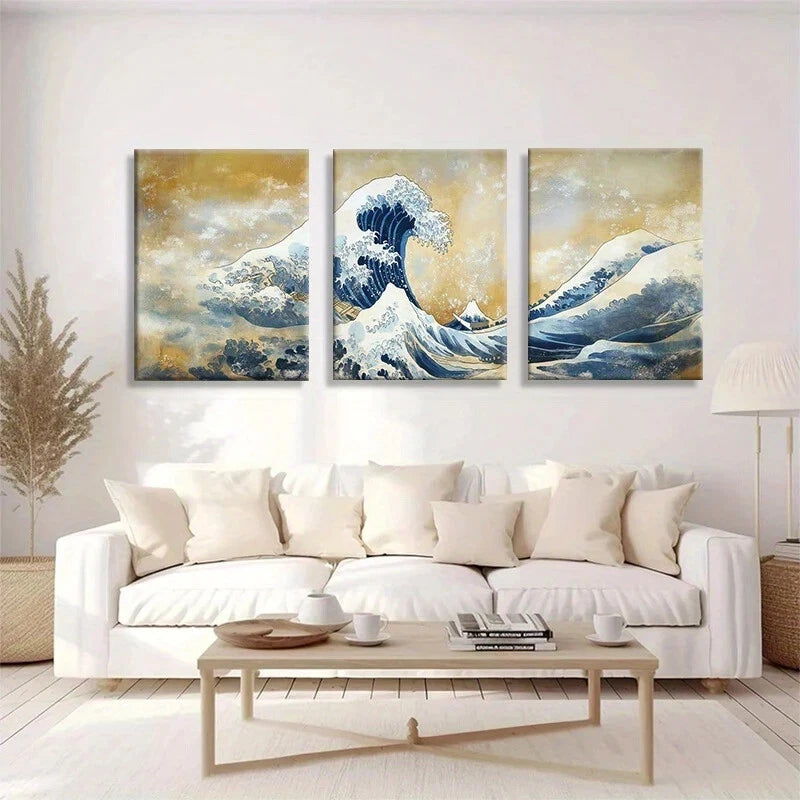 3pcs Golden and Blue Abstract Ocean Scene Metal Print Ready to Hang Art