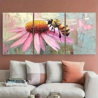 3pcs Pink Daisy Coneflower Floral Honeybee Metal Print Ready to Hang Art