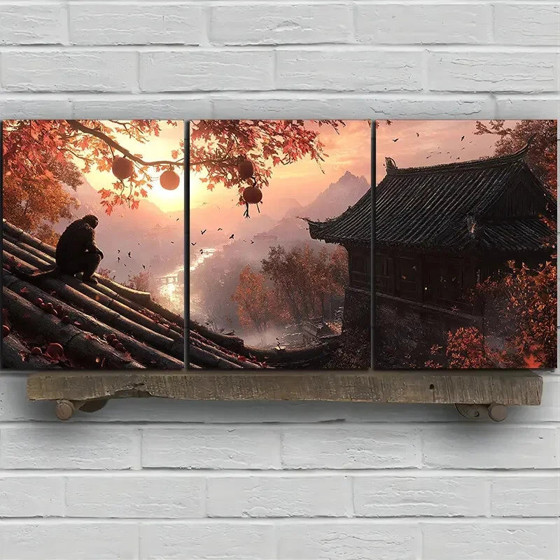 3pcs The Tree On The Eaves Monkey Metal Print Ready to Hang Art