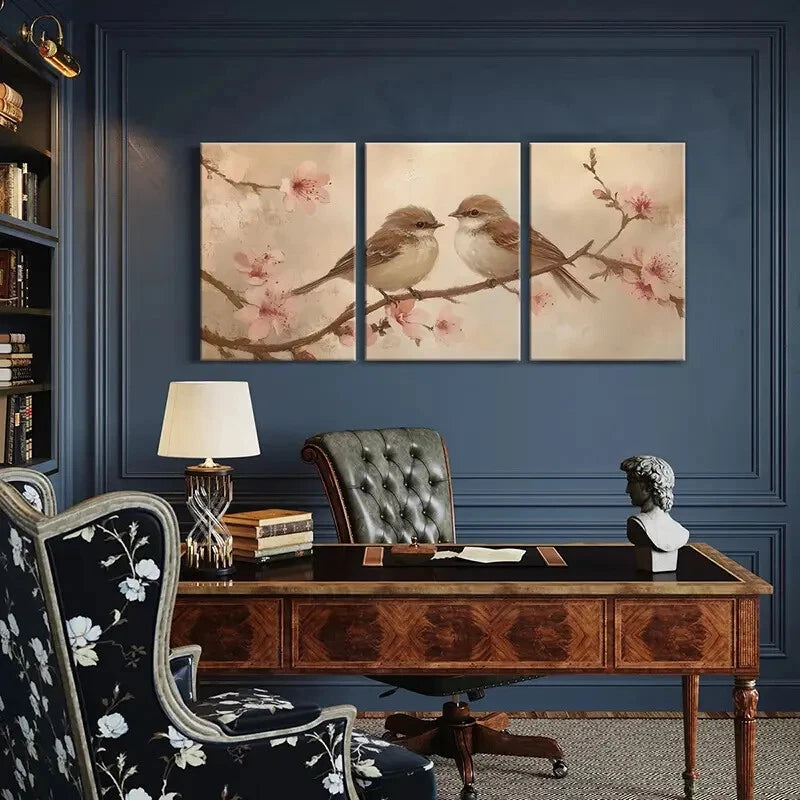 3pcs Artistic Birds On Blossom Branch Metal Print Ready to Hang Art