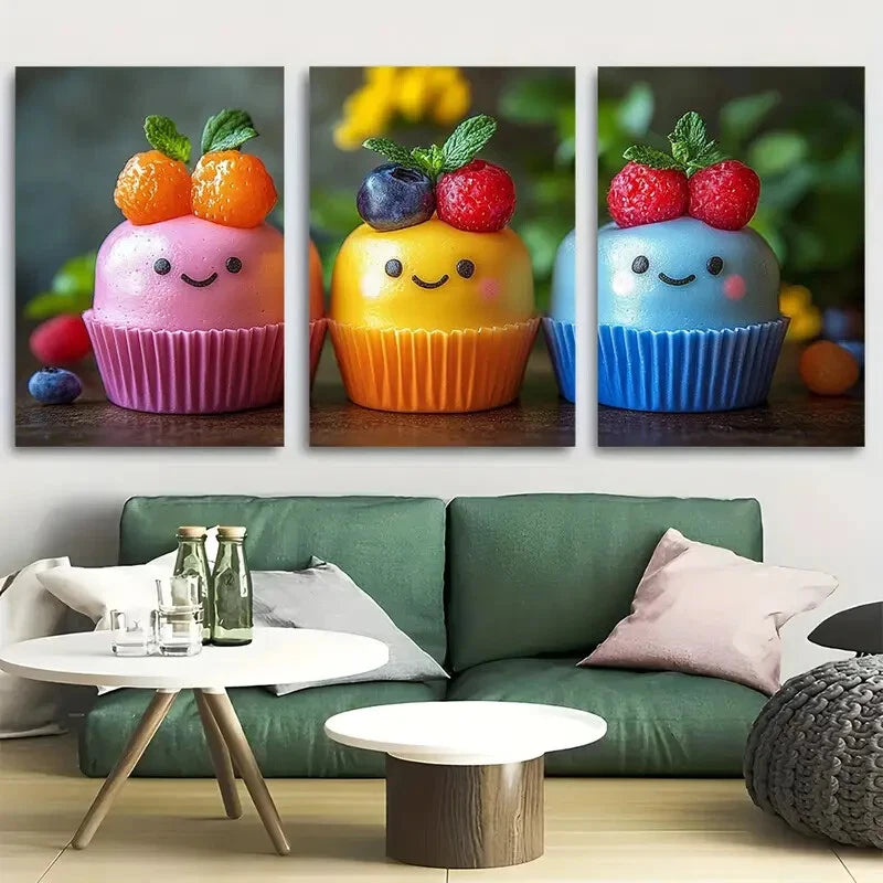 3pcs Vibrant Cute Kawaii Cake Cuteness Overload Metal Print Ready to Hang Art