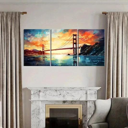 3pcs Golden Gate Bridge, Vibrant SunsetWall Art Set Canvas Framed 40x60cm - High Quality Print 100% Australian Made Wall Canvas Ready to Hang