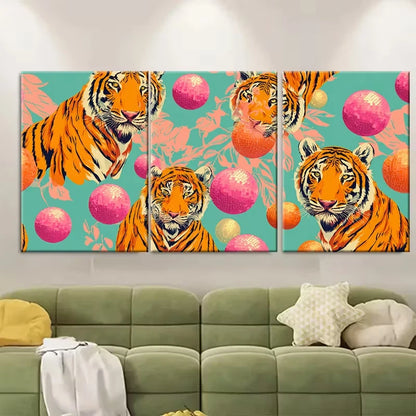 3pcs Vibrant Tiger & Disco Balls Metal Print Ready to Hang Art