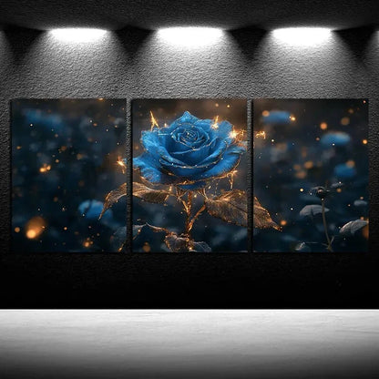 3pcs Beautiful Blue roses with Golden Accents Metal Print Ready to Hang Art