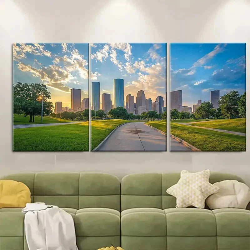 3pcs Houston Skyline with Lush Greenery Metal Print Ready to Hang Art