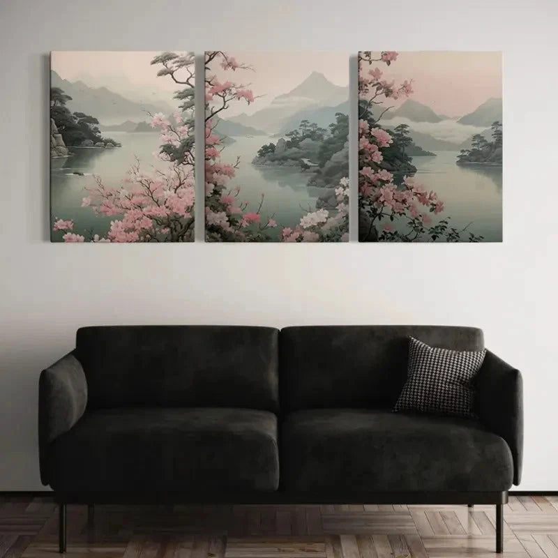 3pcs Vibrant Pink Sakura Trees & Misty Mountains Metal Print Ready to Hang Art