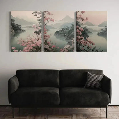 3pcs Vibrant Pink Sakura Trees & Misty Mountains Metal Print Ready to Hang Art