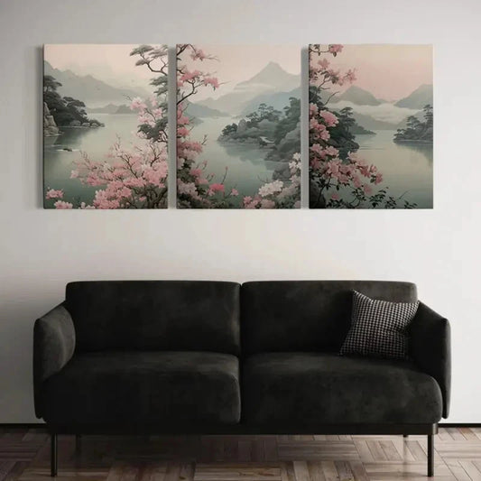 3pcs Vibrant Pink Sakura Trees & Misty Mountains Metal Print Ready to Hang Art