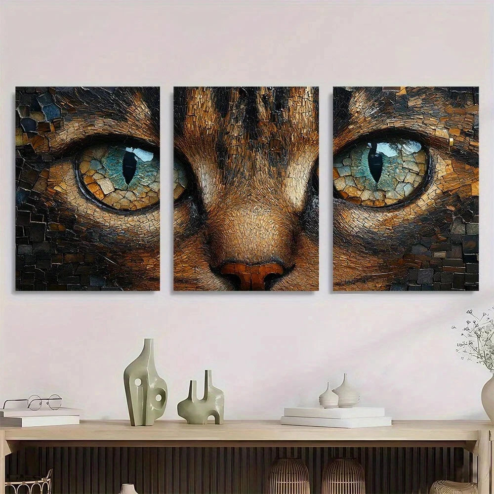 3pcs Mosaic Cat Vibrant Blue & Green Eyes Metal Print Ready to Hang Art