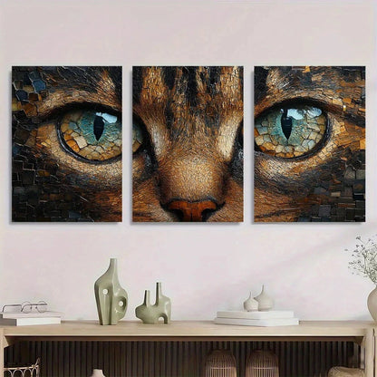 3pcs Mosaic Cat Vibrant Blue & Green Eyes Metal Print Ready to Hang Art