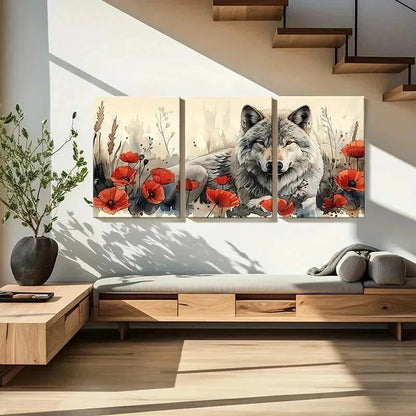 3pcs Watercolor Style The Wolf Among Flowers Wall Art Set Canvas Framed 40x60cm - High Quality Print 100% Australian Made Wall Canvas Ready to Hang