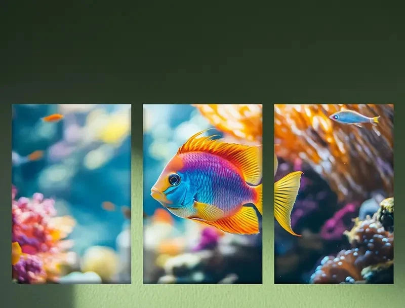3pcs Tropical Fish in Coral Reef Triptych Metal Print Ready to Hang Art