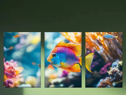 3pcs Tropical Fish in Coral Reef Triptych Metal Print Ready to Hang Art