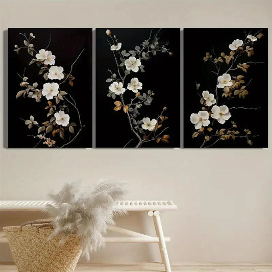 3pcs Flowers on Black Background Metal Print Ready to Hang Art