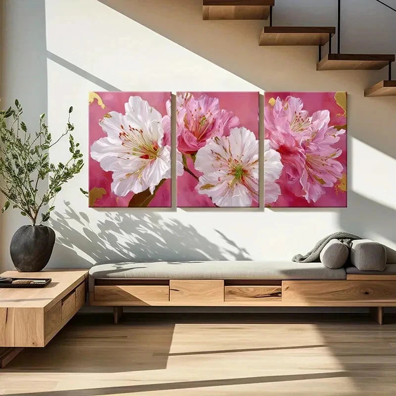3pcs Elegant Floral Art Pink White Flowers Metal Print Ready to Hang Art