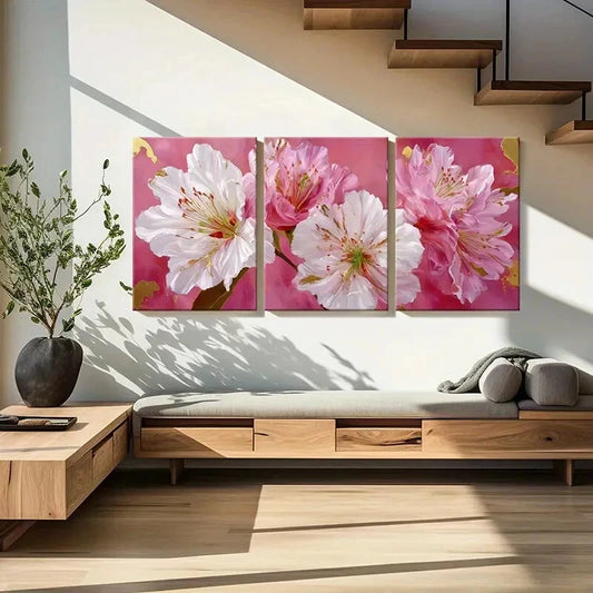 3pcs Elegant Floral Art Pink White Flowers Metal Print Ready to Hang Art