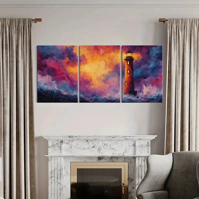 3pcs Lighthouse Sunset Ocean Waves Vibrant Colors Metal Print Ready to Hang Art