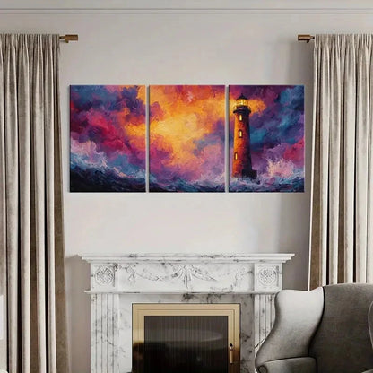 3pcs Lighthouse Sunset Ocean Waves Vibrant Colors Metal Print Ready to Hang Art