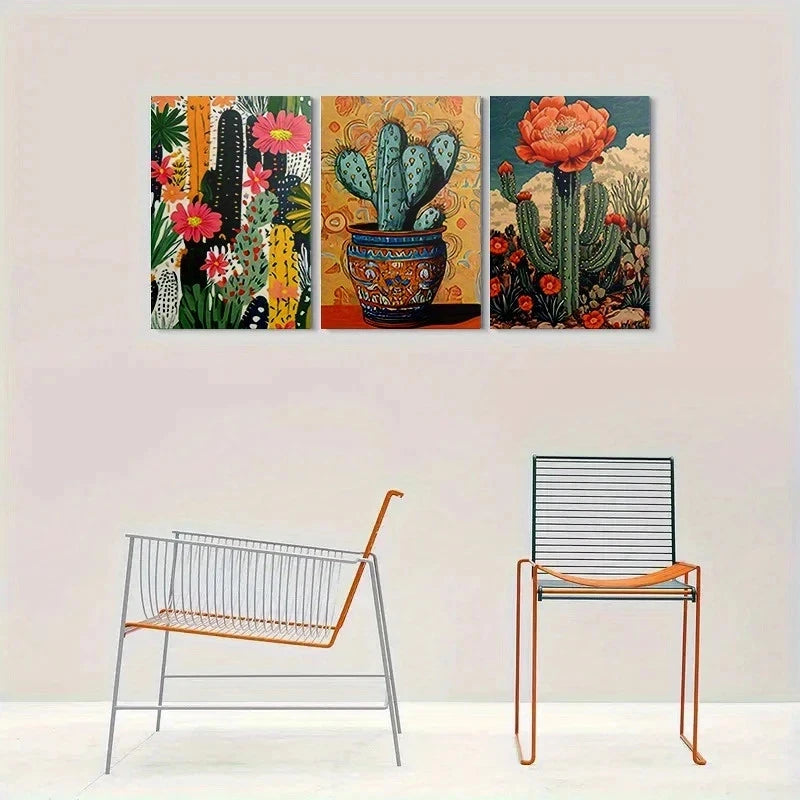 3pcs Colorful Cactus Desert Plant Painting Metal Print Ready to Hang Art