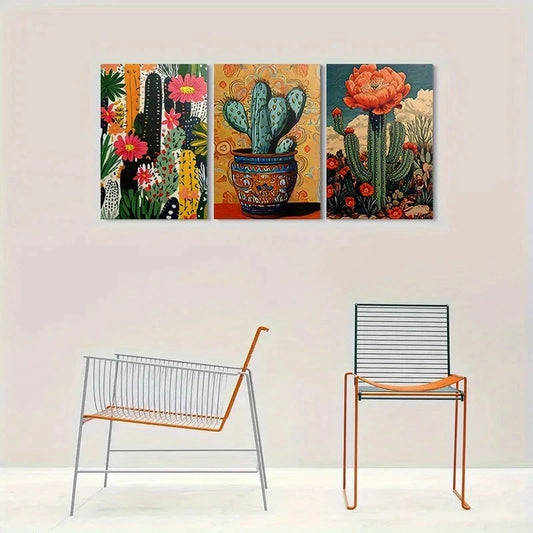 3pcs Colorful Cactus Desert Plant Painting Metal Print Ready to Hang Art
