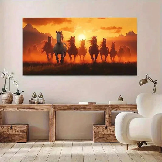 Sunset Galloping Horses wall canvas office home room framed 120x60cm - Bella Home Decor