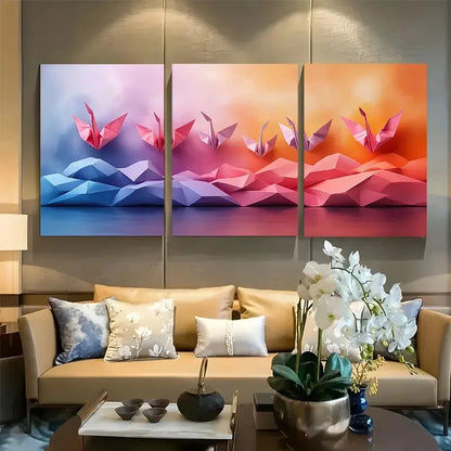 3pcs Vibrant Whimsical Origami Cranes Metal Print Ready to Hang Art