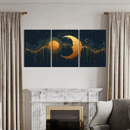 3pcs Sun Moon Celestial Art Golden Glow Night Sky Metal Print Ready to Hang Art
