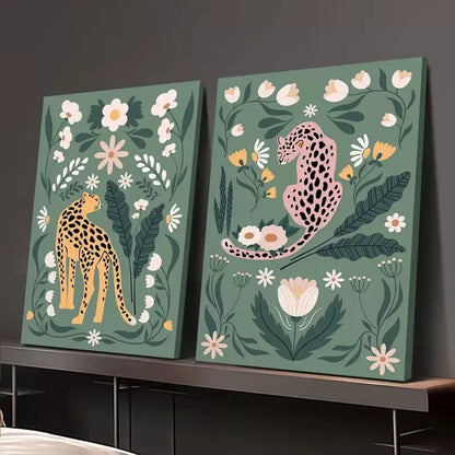 2pcs Decorative Painting, Cheetah, Feline, Floral Botanical Canvas Framed 50x75cm - High Quality Print 100% Australian Made Wall Canvas Ready to Hang