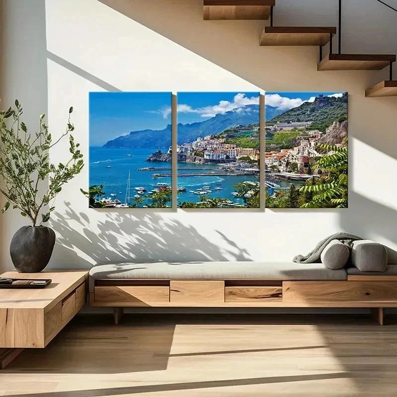 3pcs Seaside City Coastline Sea Scenery Wall Art Set Canvas Framed 40x60cm - High Quality Print 100% Australian Made Wall Canvas Ready to Hang