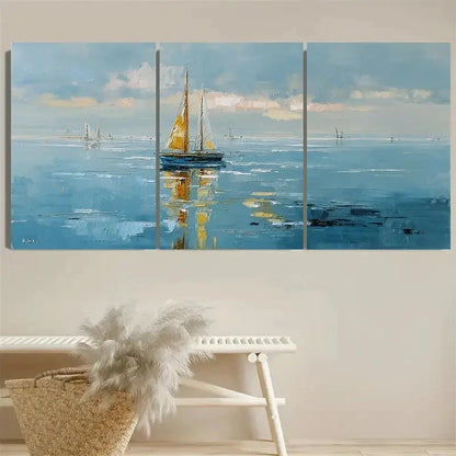 3pcs Nautical Sailboat Seascape Coastal View Wall Art Set Canvas Framed 50x70cm - High Quality Print 100% Australian Made Wall Canvas Ready to Hang