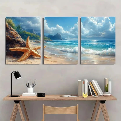 3pcs Coastal Sea Turtle & Starfish Beach Sunset  Wall Art Set Canvas Framed 40x60cm - High Quality Print 100% Australian Made Wall Canvas Ready to Hang