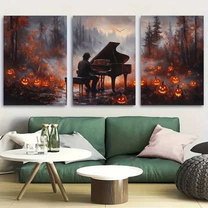 3pcs Set of three Spooky Ghoul Playing Piano  Wall Art Set Canvas Framed 40x60cm - High Quality Print 100% Australian Made Wall Canvas Ready to Hang