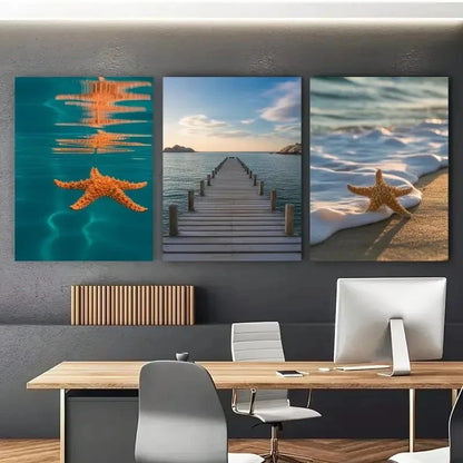 3pcs Ocean Sunset Scene with Vibrant Orange Metal Print Ready to Hang Art