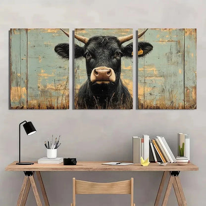 3pcs Playful Rustic Cow Vintage Blue Wall Art Set Canvas Framed 40x60cm - High Quality Print 100% Australian Made Wall Canvas Ready to Hang