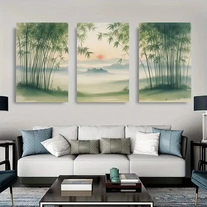 3pcs Serene Pine Trees & Misty Landscape Metal Print Ready to Hang Art