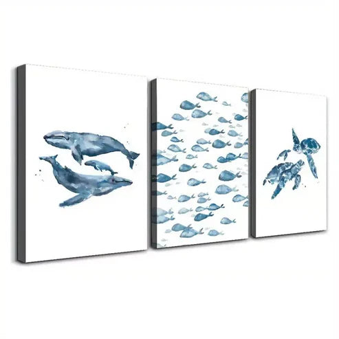 3pcs Water Color Painting Of Whale, Turtle & Fishes Canvas Framed 60x90cm - High Quality Print 100% Australian Made Wall Canvas Ready to Hang