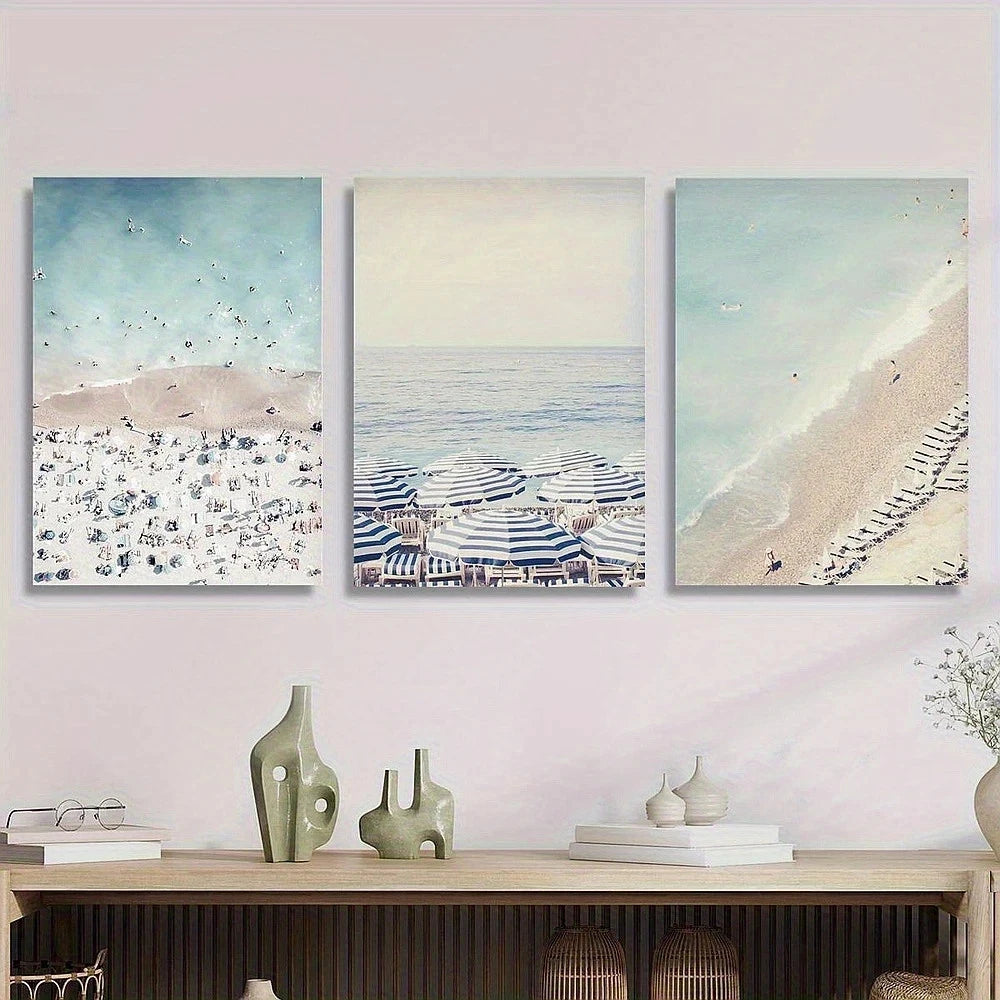 3pcs Blue and White Umbrella Sunshade Metal Print Ready to Hang Art