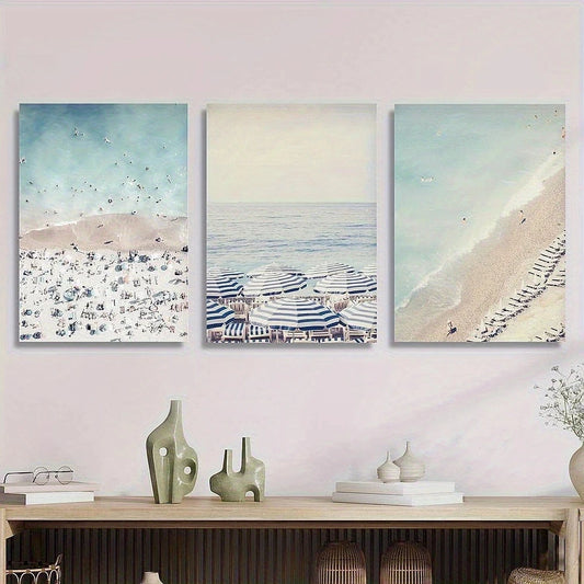 3pcs Blue and White Umbrella Sunshade Metal Print Ready to Hang Art