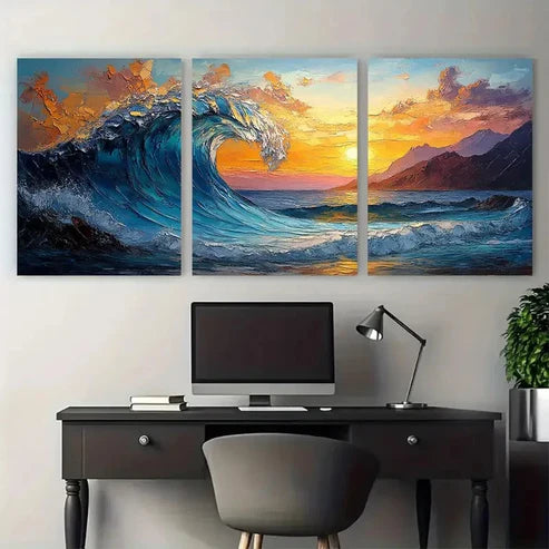 3pcs Ocean Wave Bright Textured Sunset – Wall Art Canvas Unframed – High Quality Print 100% Australian Made Wall Canvas